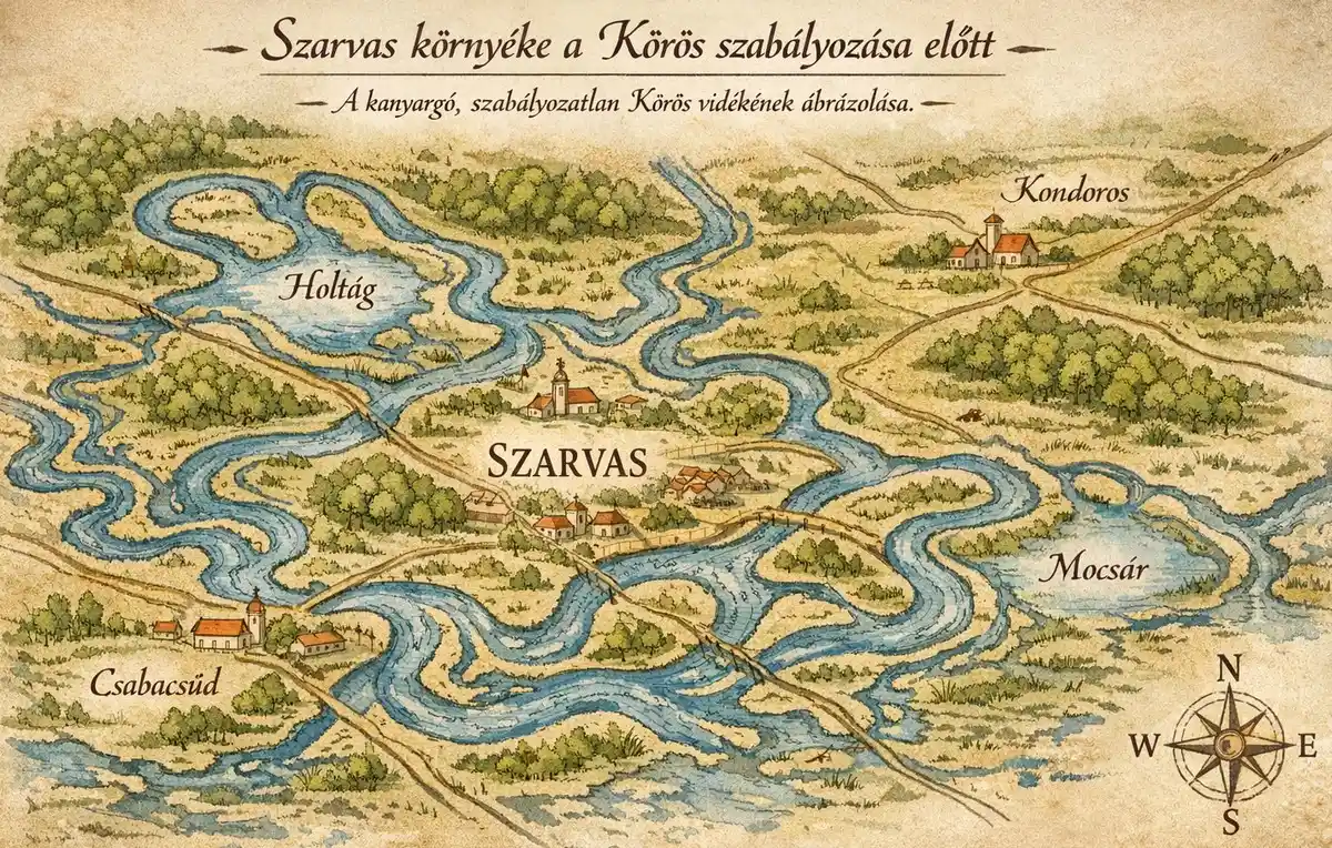 Szarvas térképe Körös szabályozás előtt